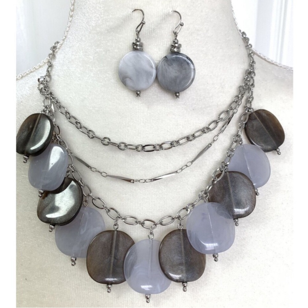 Silver and Gray Flat Bead Necklace and Earring Set